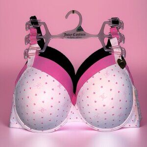 Juicy Couture Light Pink Heart Print, Solid Pink & Black 3 Pc Bra Set Size 42D